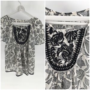 Anthropologie Floreat Tan Blue Flowy Top M